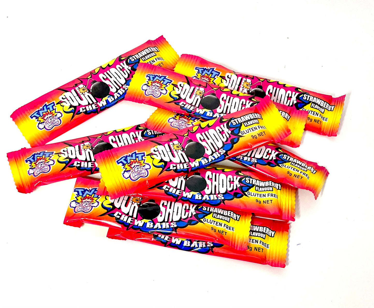 TNT Strawberry Sour Shock Chew Bars 9g 10 Pieces