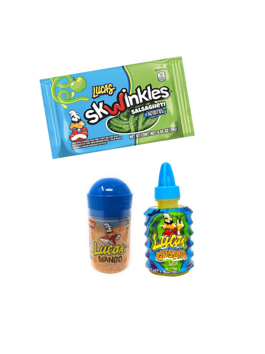 Lucas Mango Seasoning Powder, Sour Green Apple Skwinkles and Liquid Candy