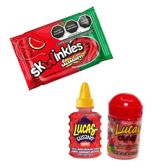 Lucas Chamoy Candy Liquid, Seasoning & Watermelon Skwinkles Salsagheti Gusano