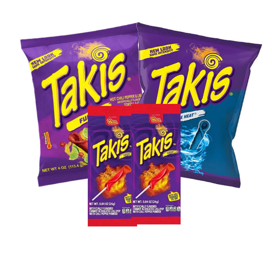 Takis Bundle Fuego & Blue Heat 92.3g and 2 Takis Lollipops with Chilli Powder