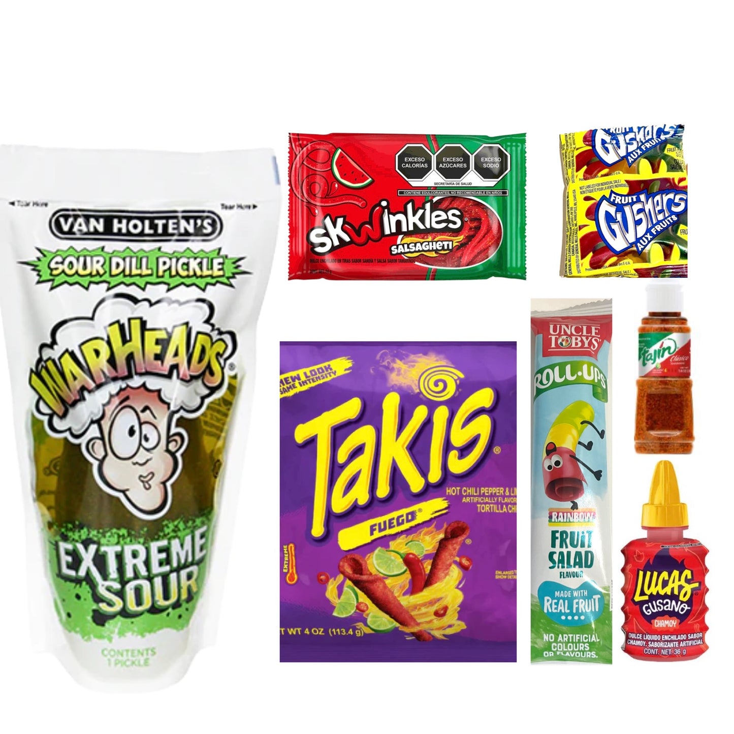 Takis & Fruit Gushers Pickle Kit Bundle Sour Dill Hot or Warheads extreme Sour